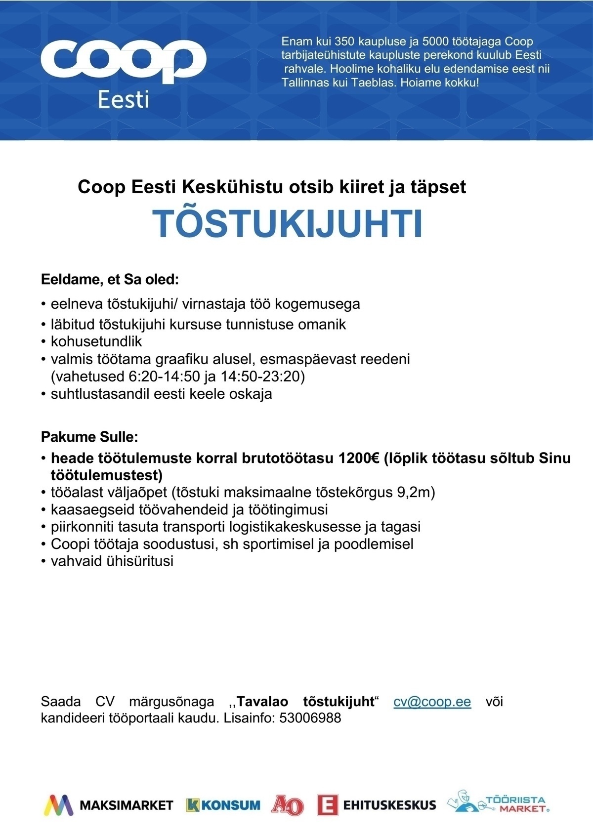 Coop Eesti Keskühistu Tõstukijuht (tavaladu)