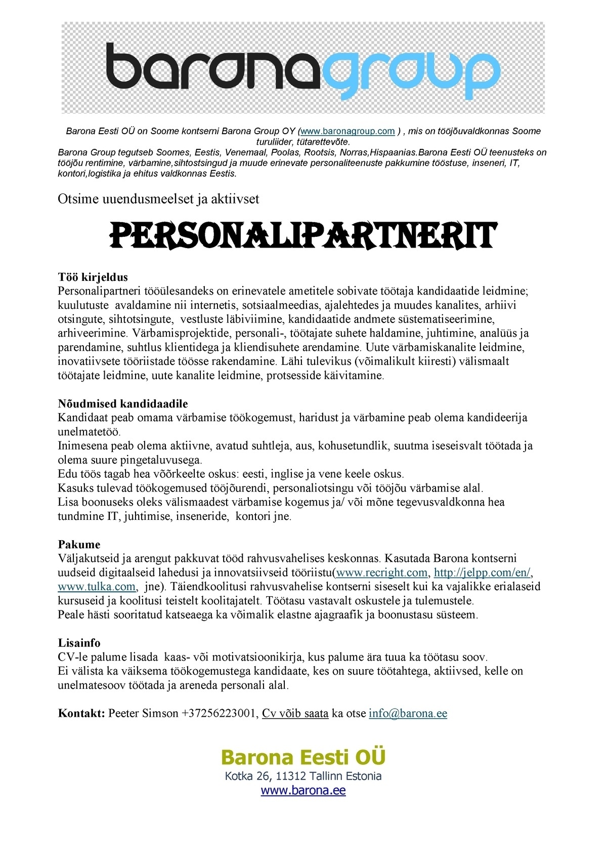 Barona Eesti OÜ Personalipartner