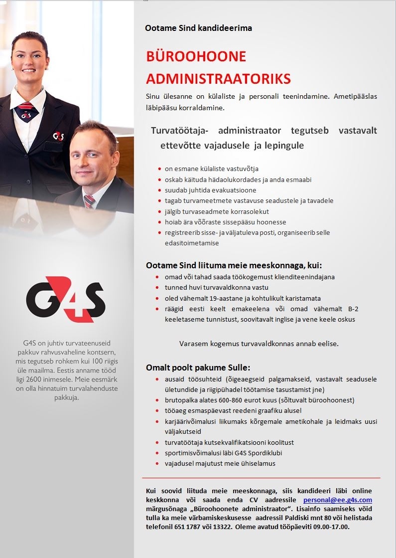 AS G4S Eesti  Büroohoone administraator 