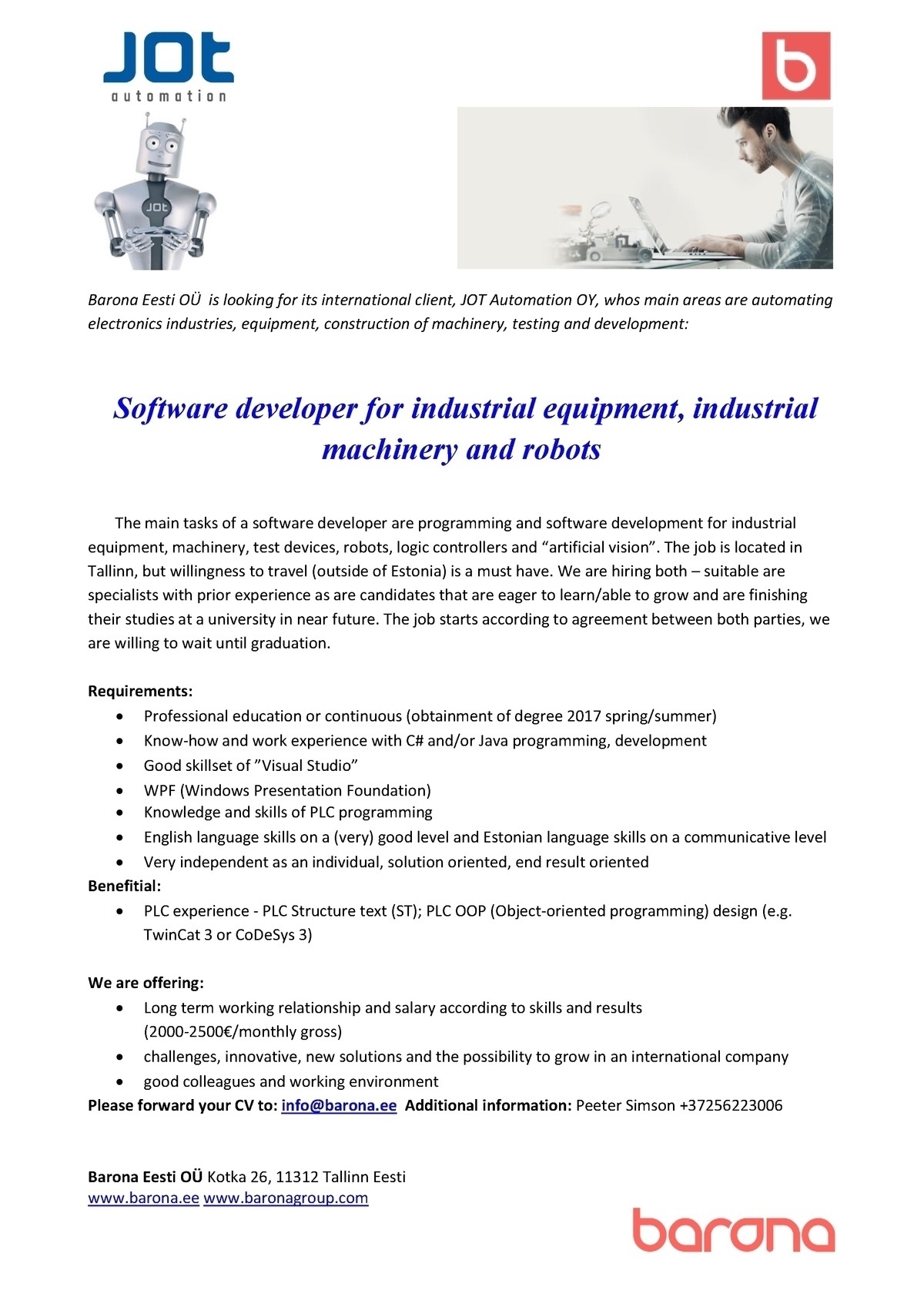 Barona Eesti OÜ  Software developer for industrial equipment, industrial machinery and robots 