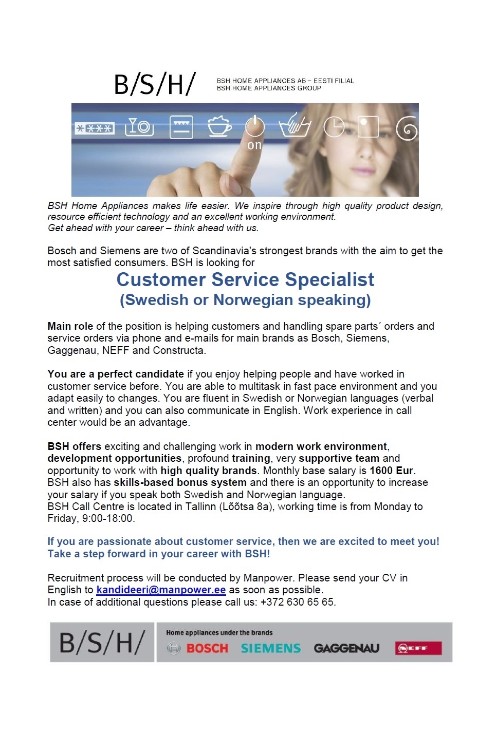 Manpower OÜ Customer Service Specialist (Swedish or Norwegian speaking)