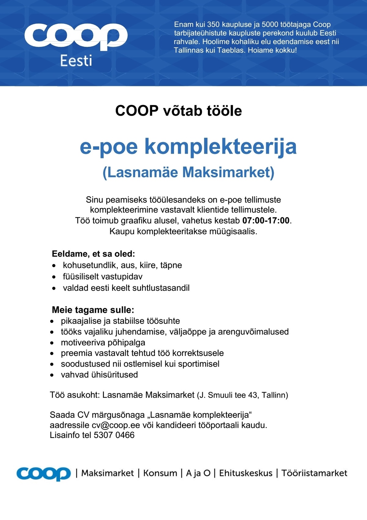 Coop Kaubanduse AS E-poe komplekteerija (Lasnamäe Maksimarket)