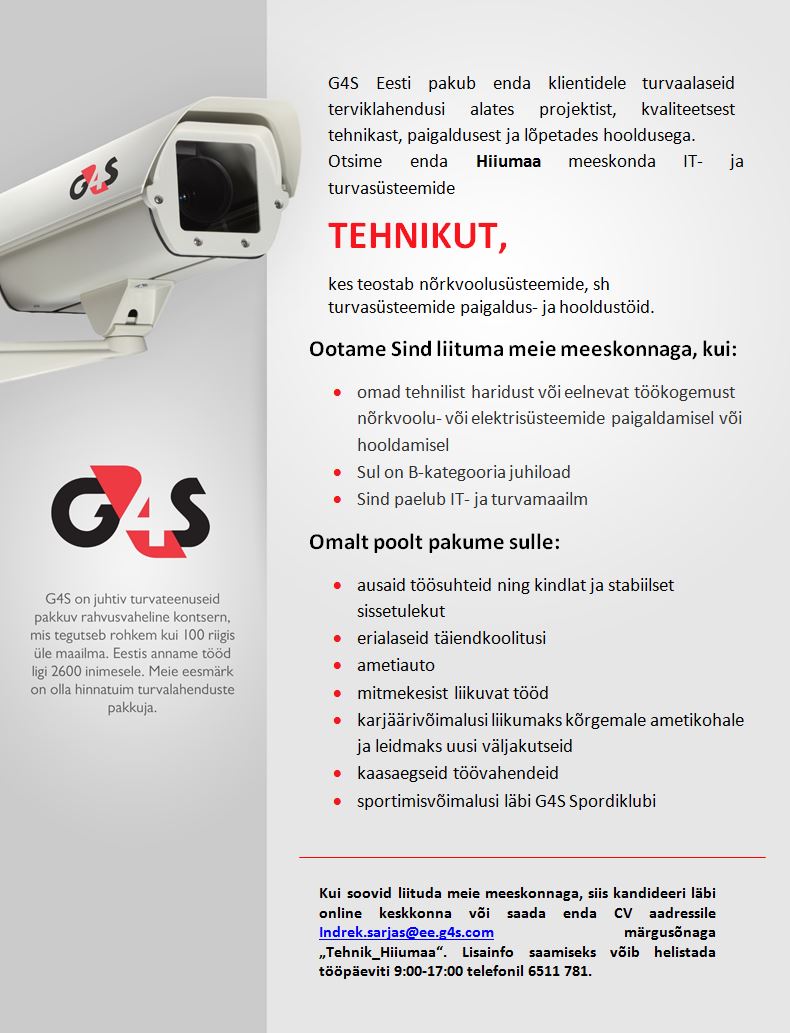 AS G4S Eesti IT- ja turvaseadmete tehnik (Hiiumaa)