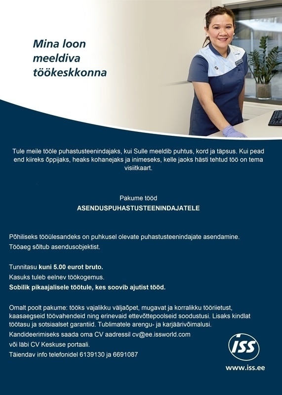 ISS Eesti AS Puhastusteenindaja puhkusel olevate töötajate asendamiseks