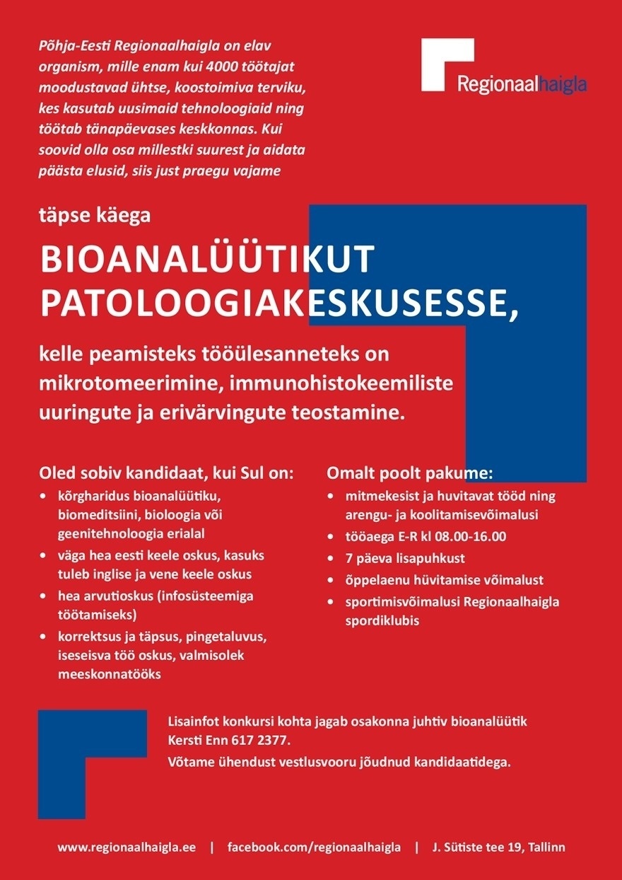 Põhja-Eesti Regionaalhaigla SA Bioanalüütik patoloogiakeskusesse