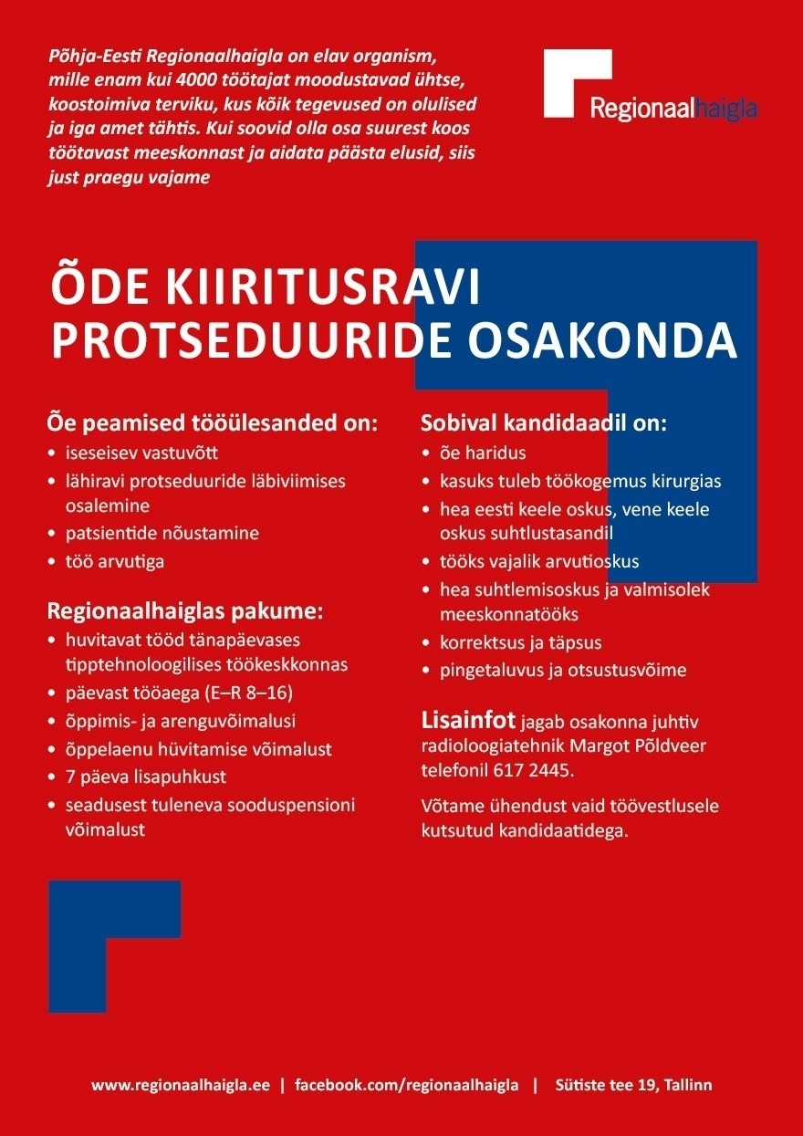 Põhja-Eesti Regionaalhaigla SA Õde kiiritusravi protseduuride osakonda 