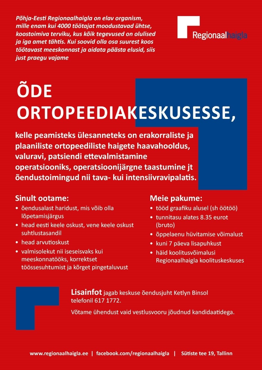 Põhja-Eesti Regionaalhaigla Õde/abiõde ortopeediakeskusesse