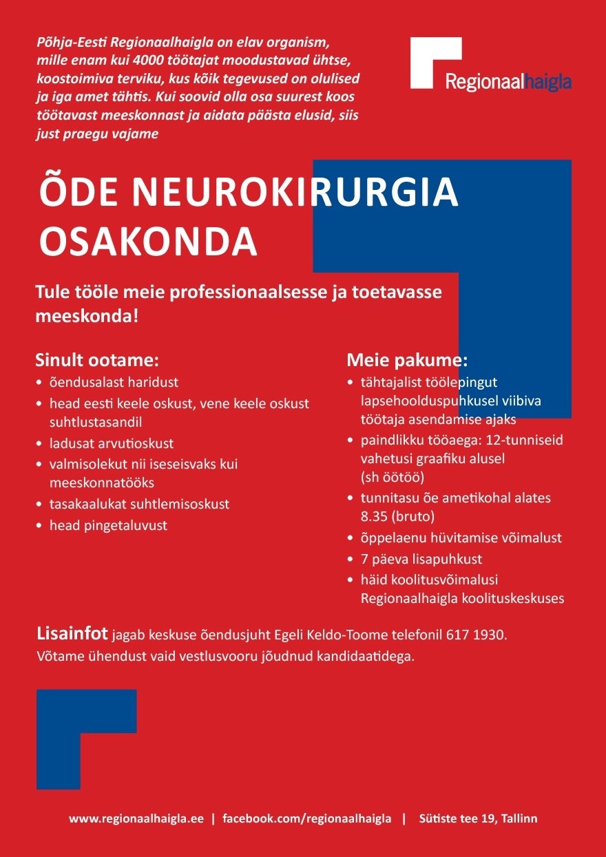 Põhja-Eesti Regionaalhaigla SA Õde neurokirurgia osakonda (asenduskoht)