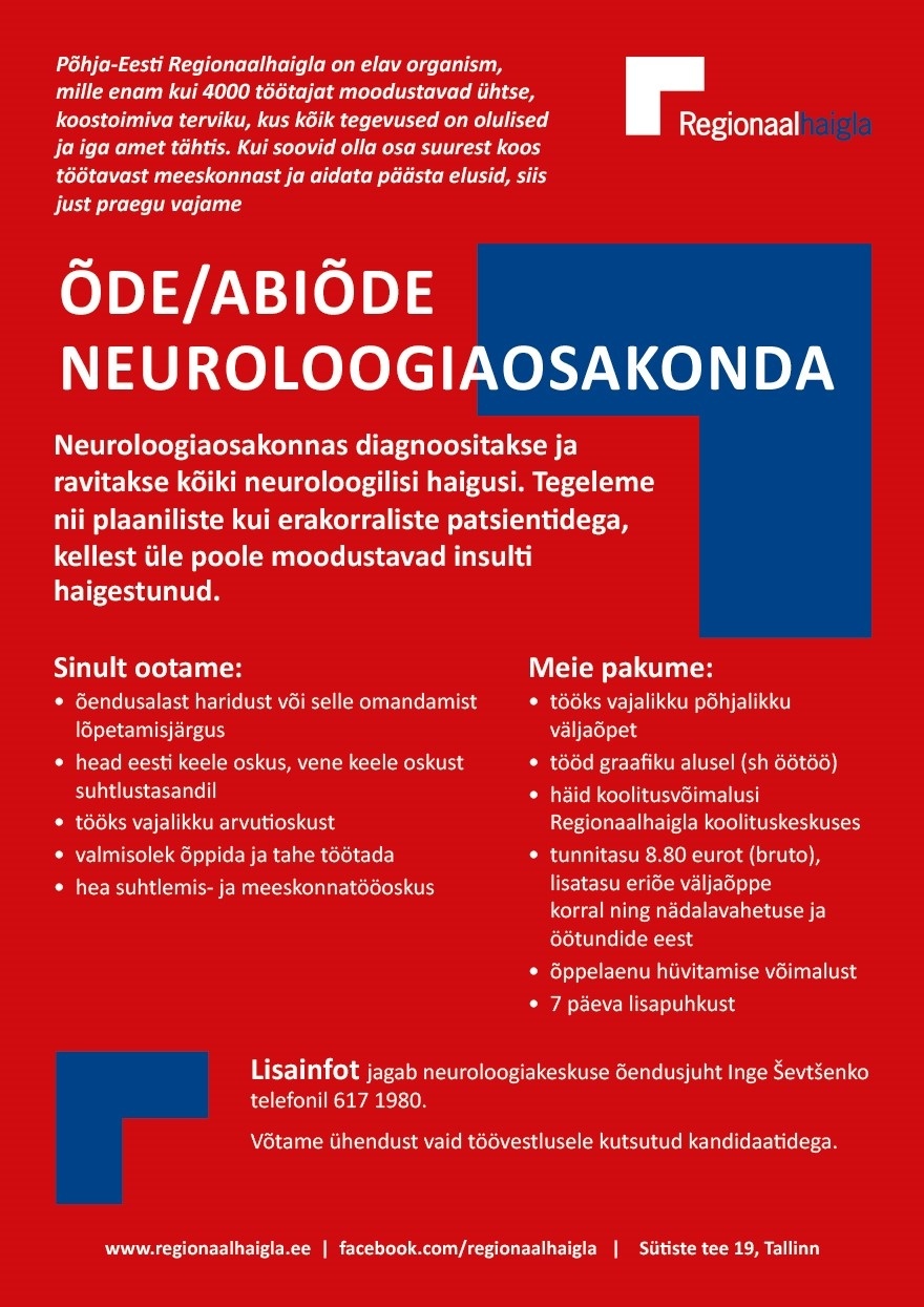 Põhja-Eesti Regionaalhaigla SA Õde/abiõde neuroloogiaosakonda