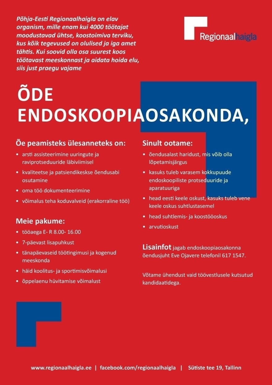 Põhja-Eesti Regionaalhaigla SA Õde endoskoopiaosakonda