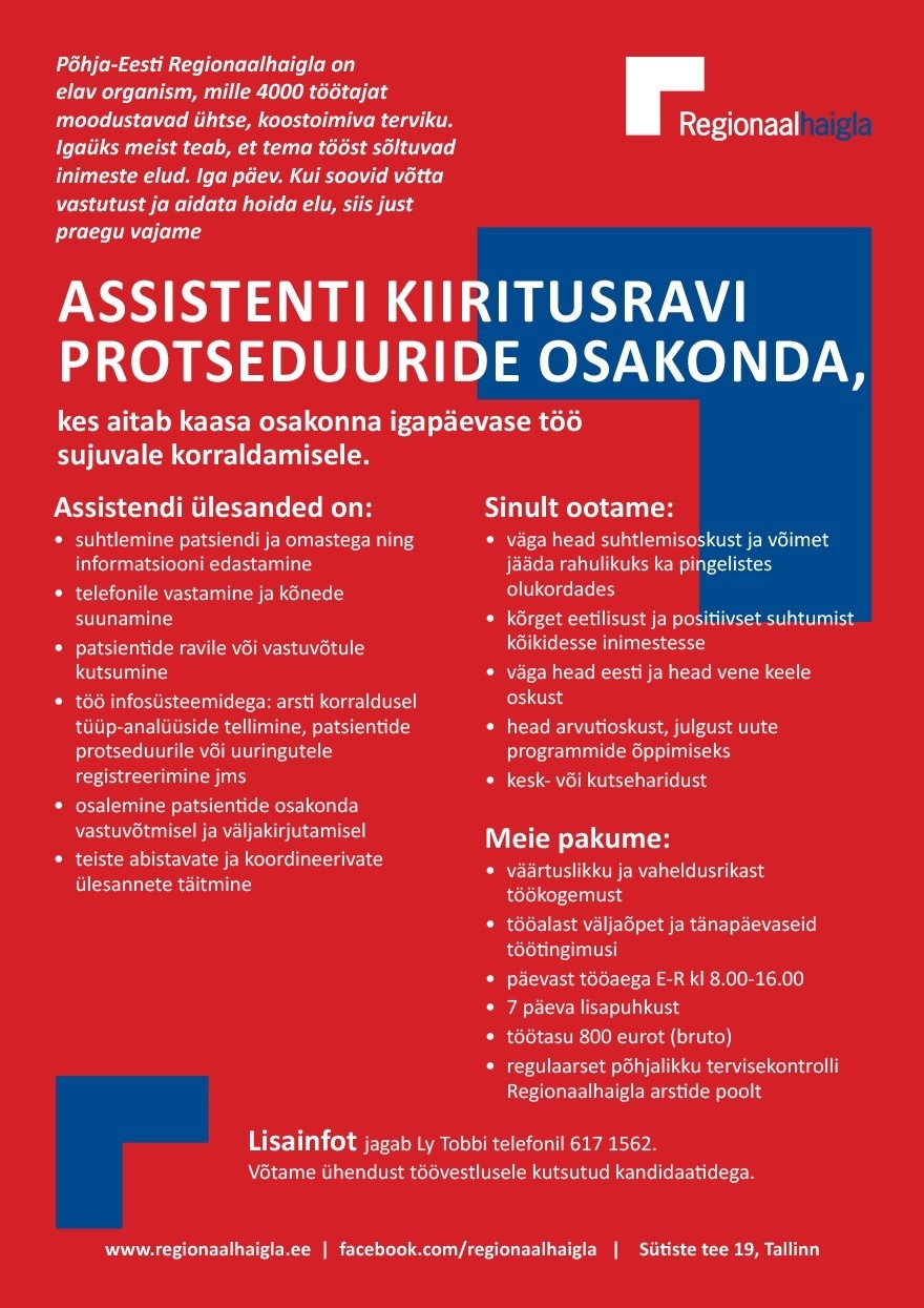 Põhja-Eesti Regionaalhaigla SA Assistent kiiritusravi protseduuride osakonda