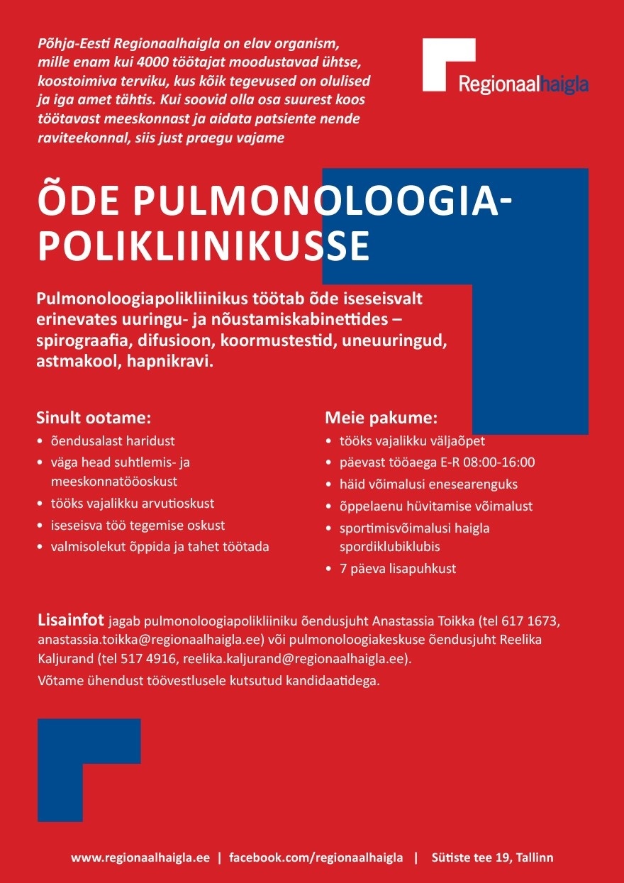 Põhja-Eesti Regionaalhaigla SA Õde pulmonoloogiapolikliinikusse