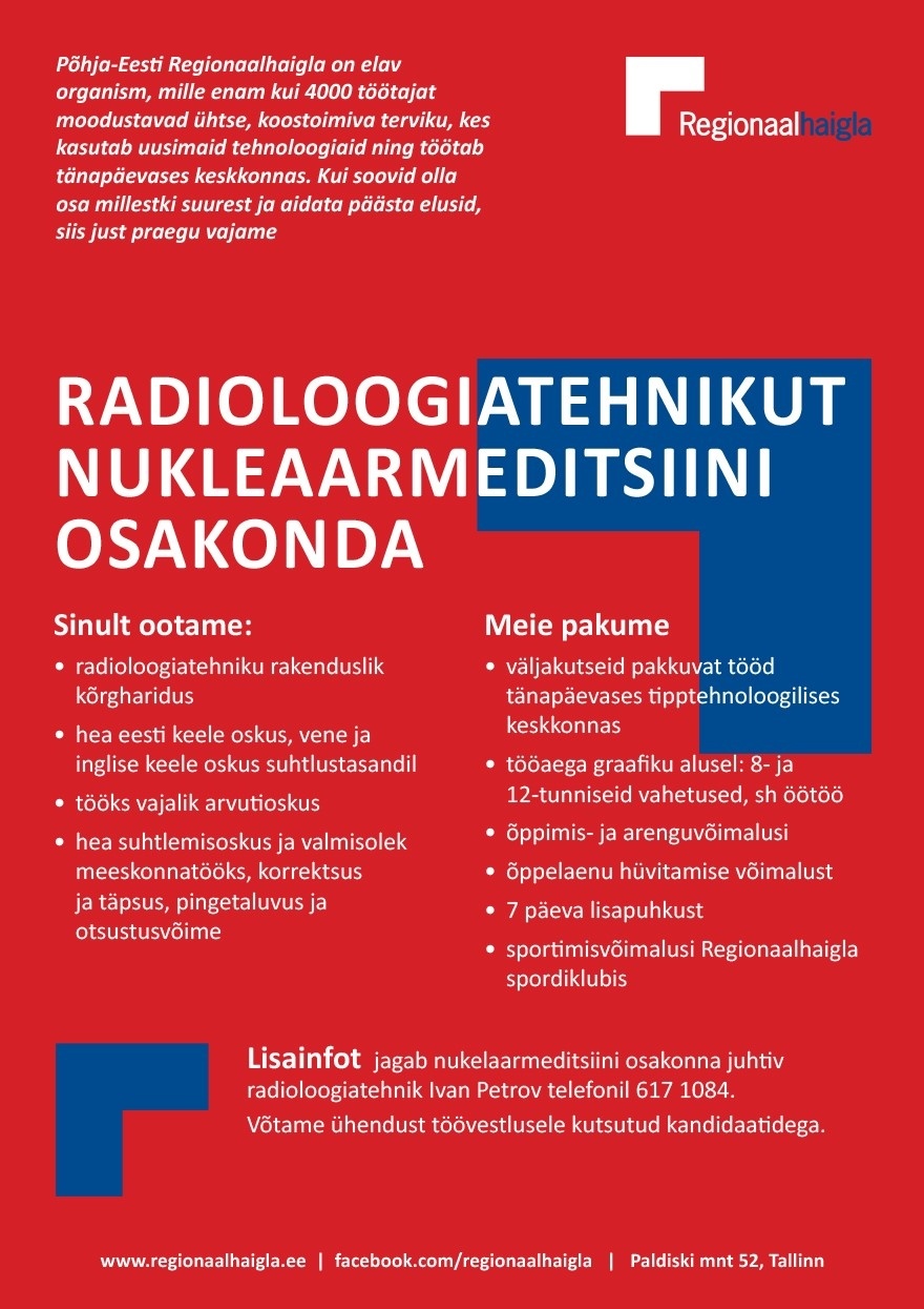 Põhja-Eesti Regionaalhaigla SA Radioloogiatehnik nukleaarmeditsiini osakonda
