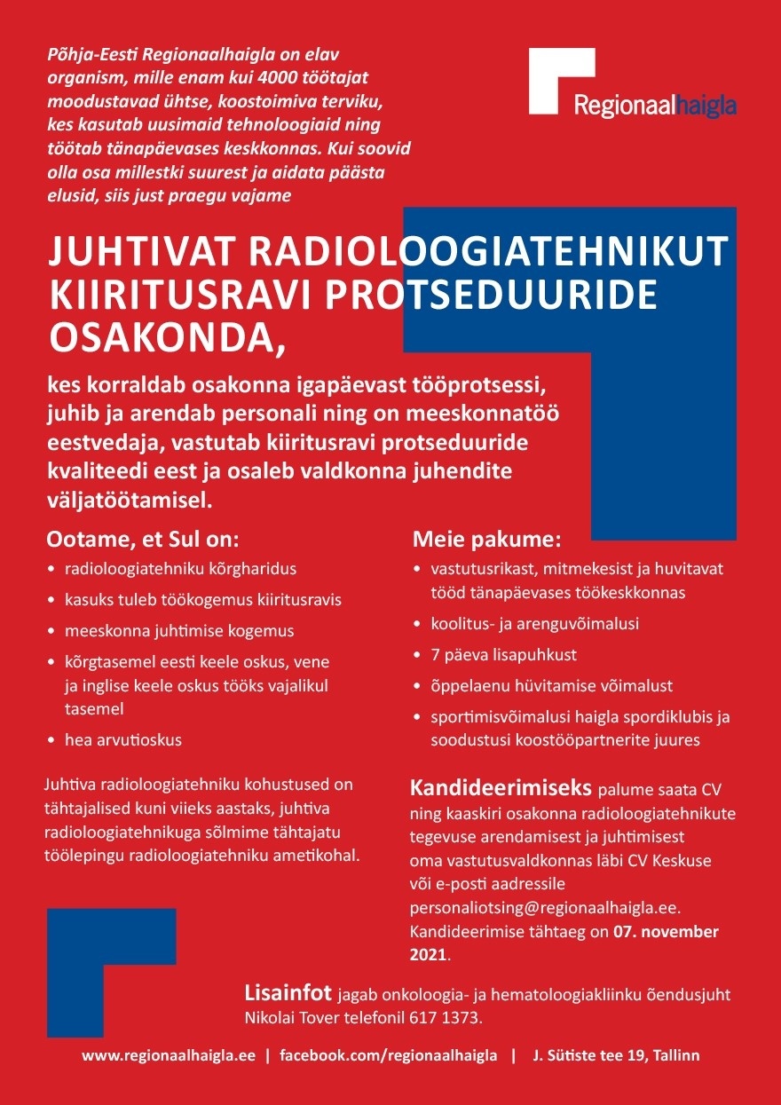 Põhja-Eesti Regionaalhaigla SA Juhtiv radioloogiatehnik kiiritusravi protseduuride osakonda
