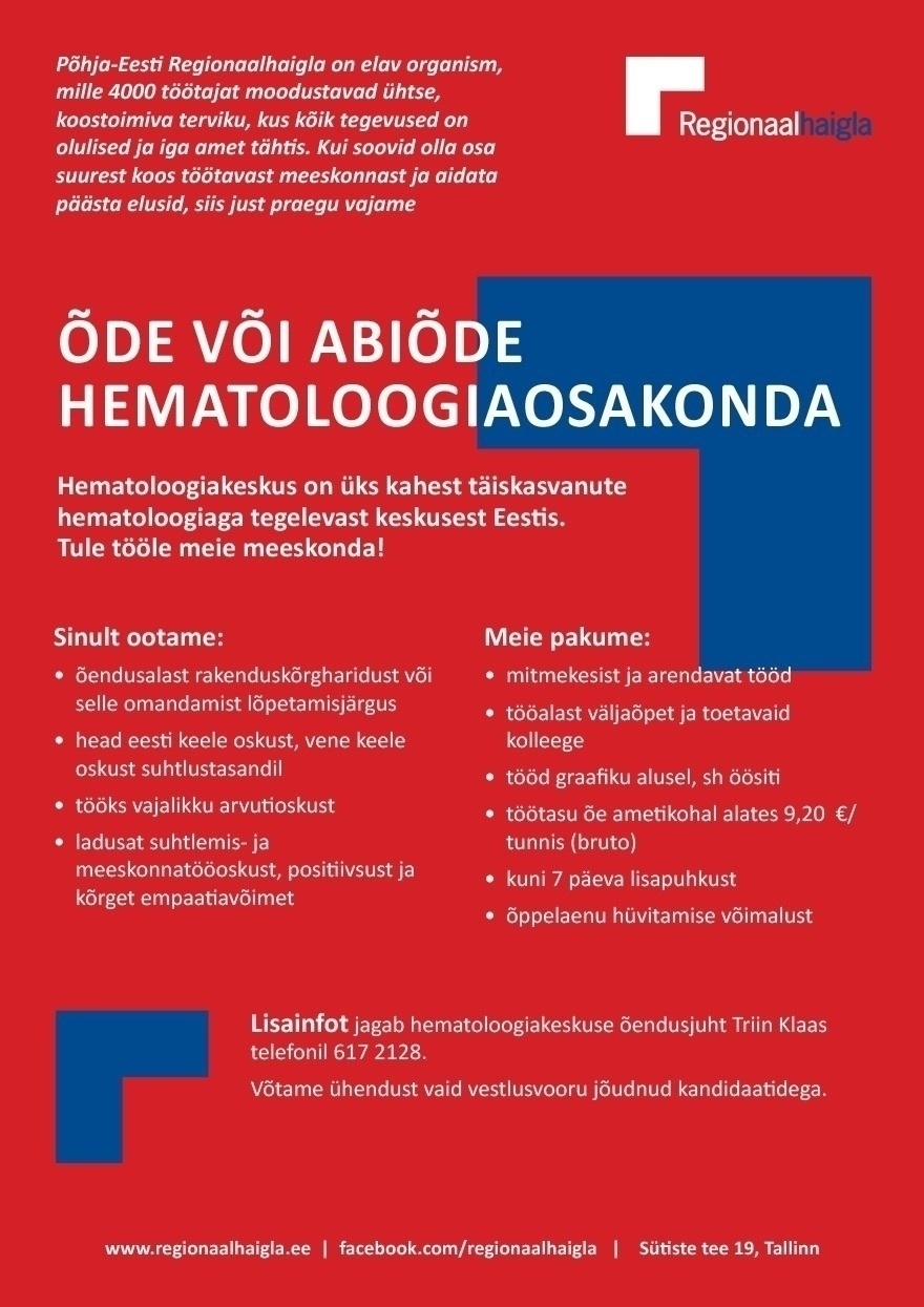 Põhja-Eesti Regionaalhaigla SA Õde/abiõde hematoloogiaosakonda