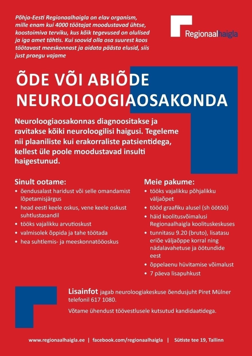 Põhja-Eesti Regionaalhaigla SA Õde või abiõde neuroloogiaosakonda