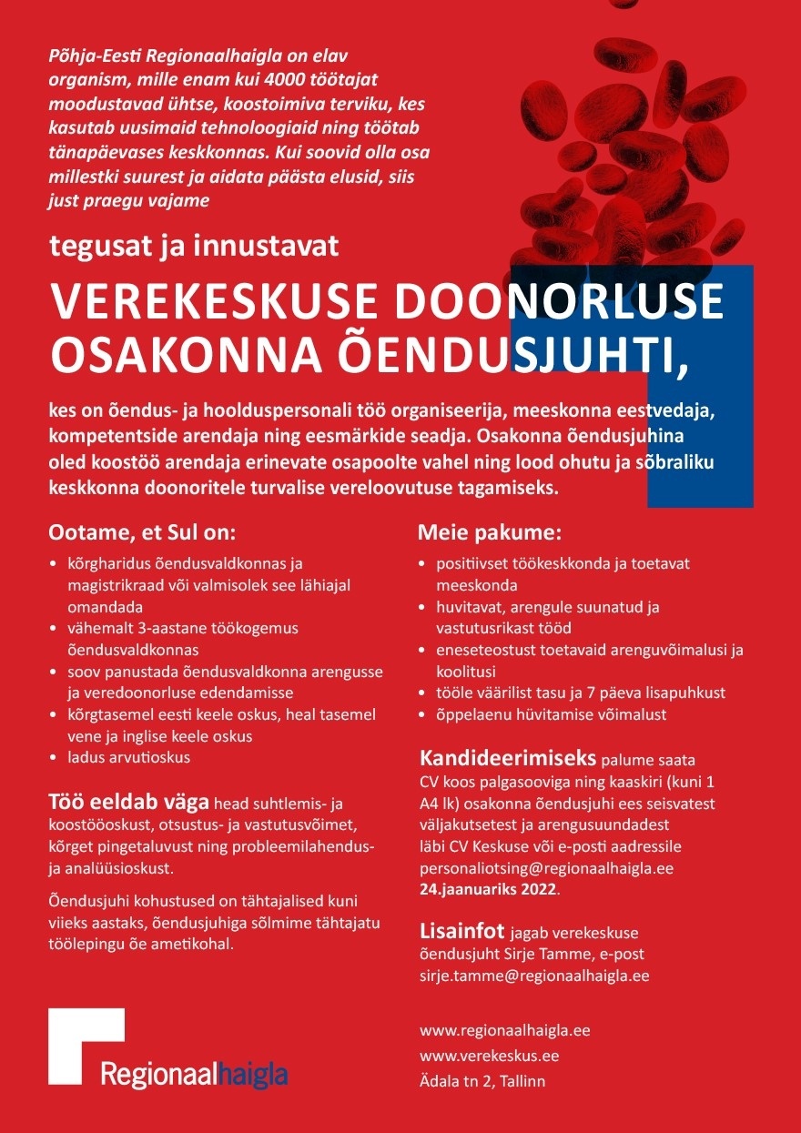 Põhja-Eesti Regionaalhaigla SA Õendusjuht verekeskuse doonorluse osakonda