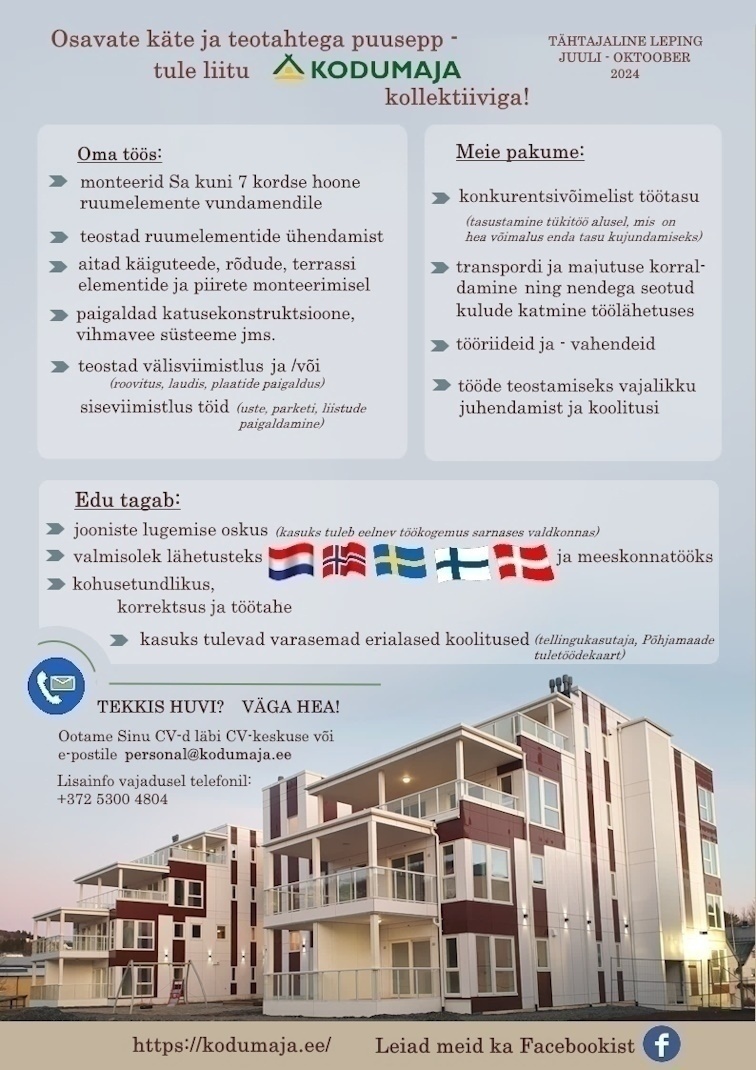Kodumaja AS Ehitusplatsi puusepp (Norra, Rootsi, Holland)