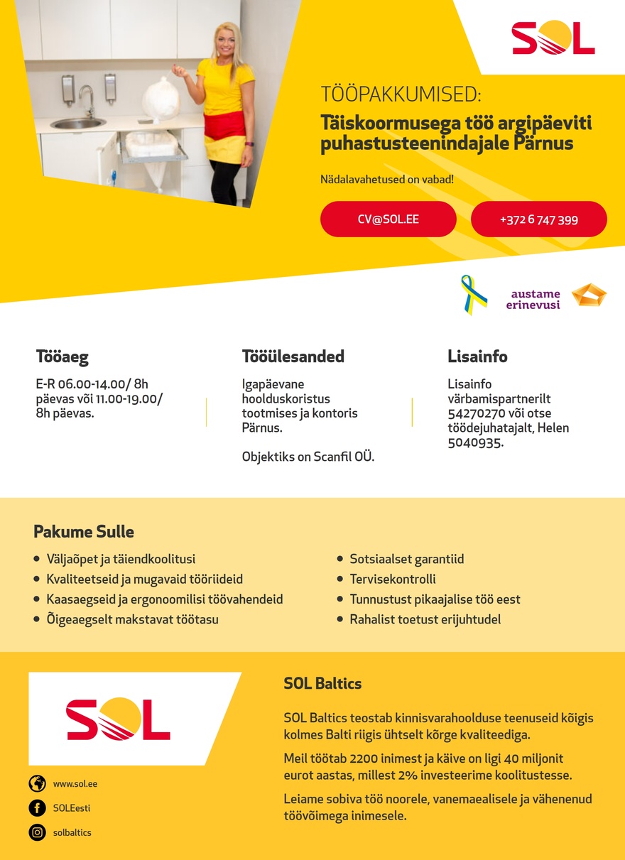 SOL Baltics OÜ Täiskoormusega töö puhastusteenindajale argipäeviti Pärnus