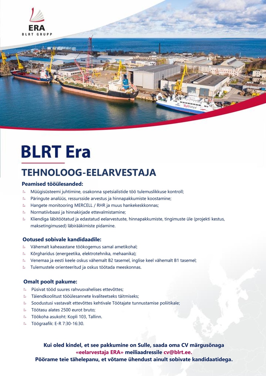 BLRT Era Tehnoloog-eelarvestaja (energeetika/ elektrotehnika/ mehaanika)