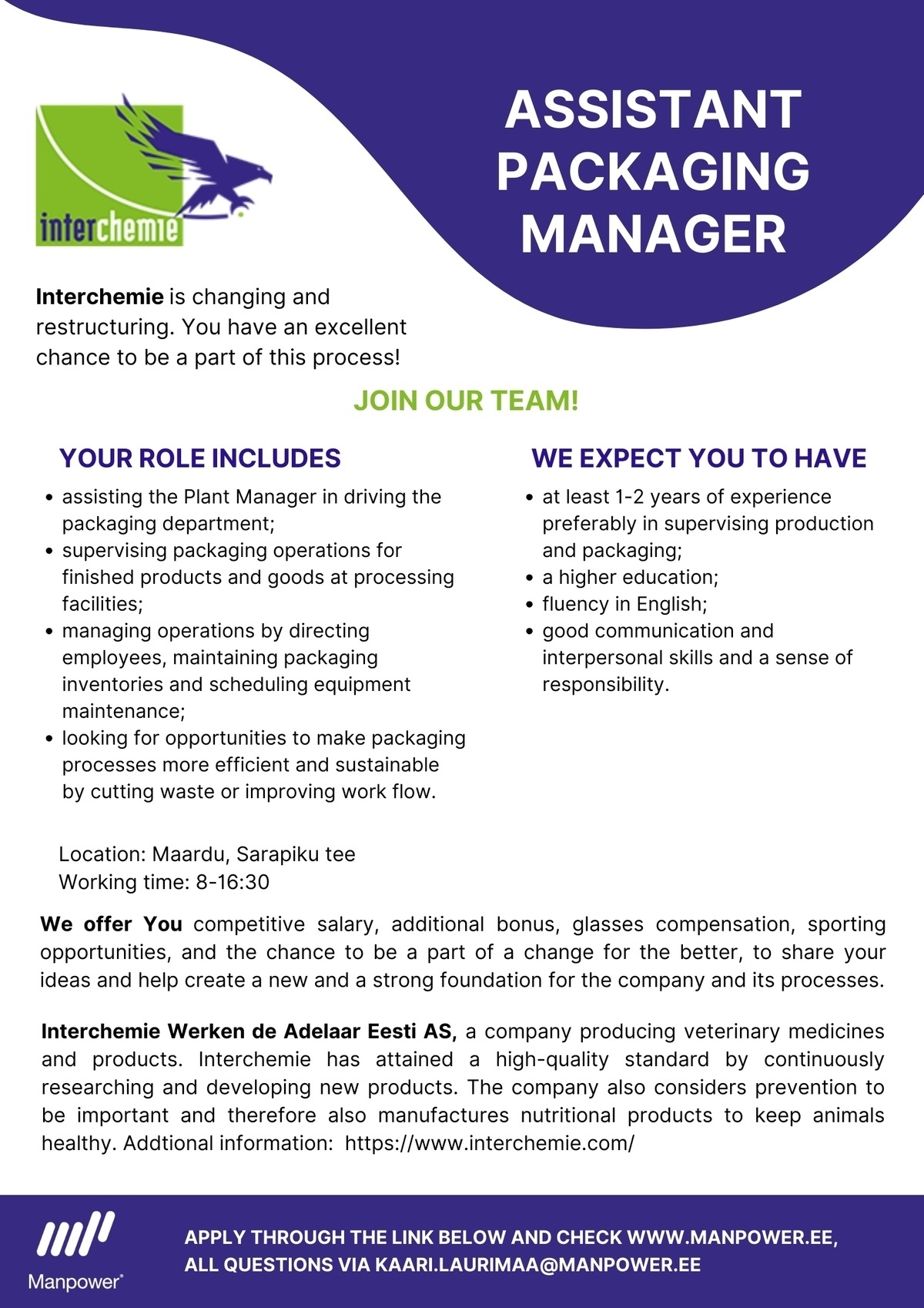 Manpower OÜ ASSISTANT PACKAGING MANAGER