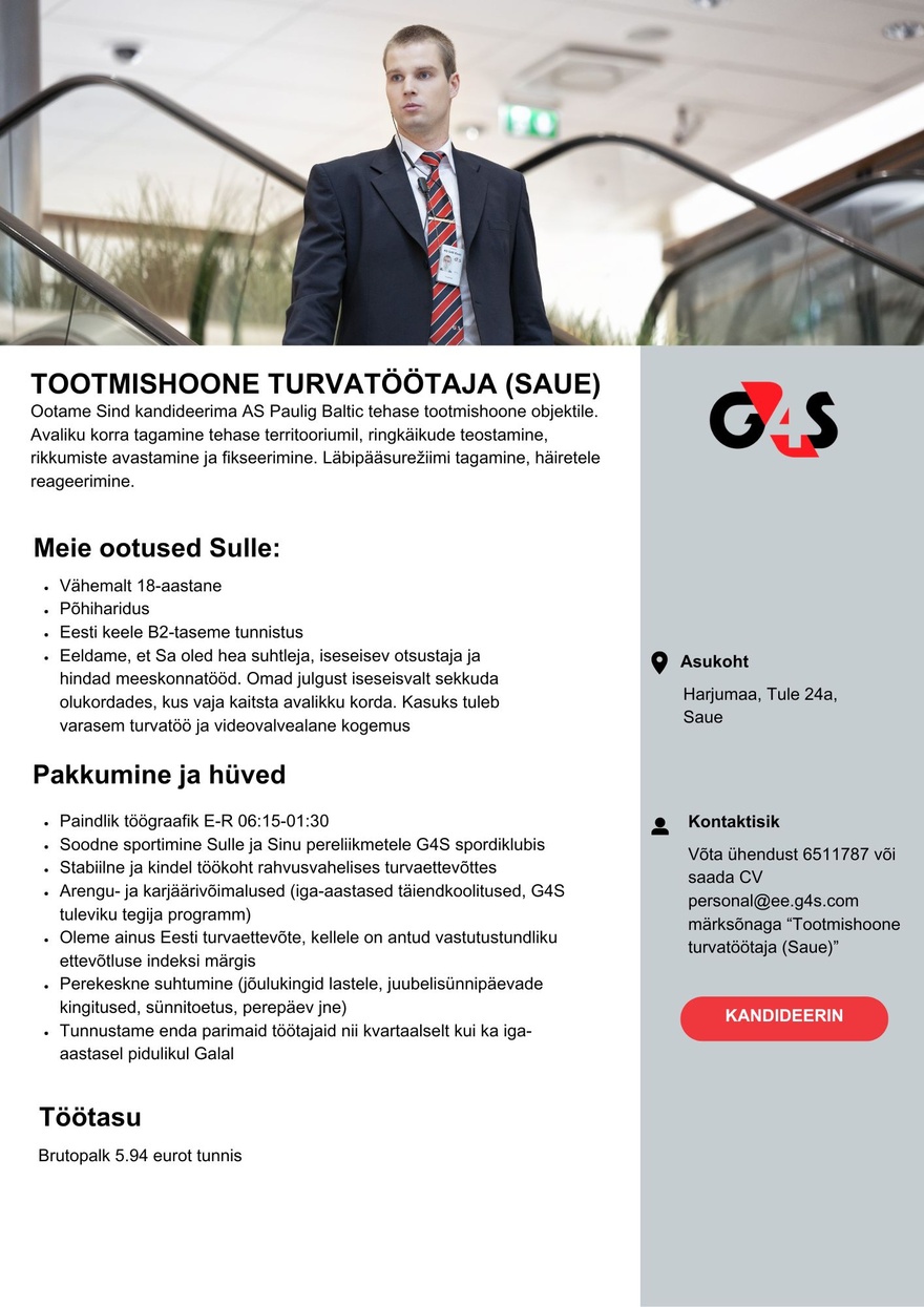 AS G4S Eesti Tootmishoone turvatöötaja (Saue)
