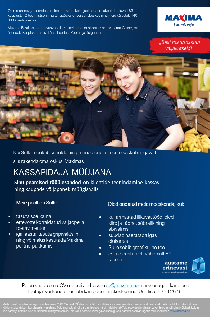 Maxima Eesti OÜ Kassapidaja-müüja Saue Maximas