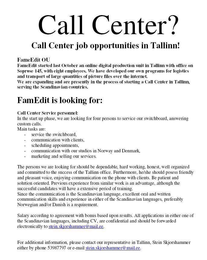 Fameedit OÜ Call center operator