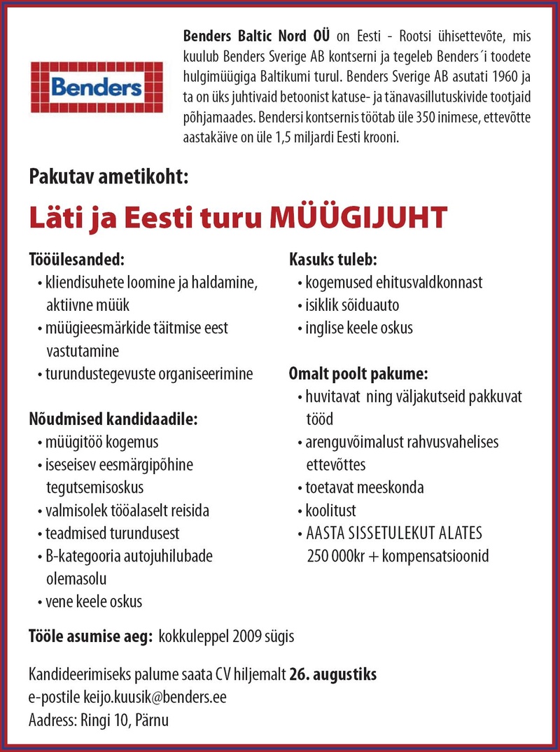 Benders Baltic Nord OÜ Läti ja Eesti turu müügijuht