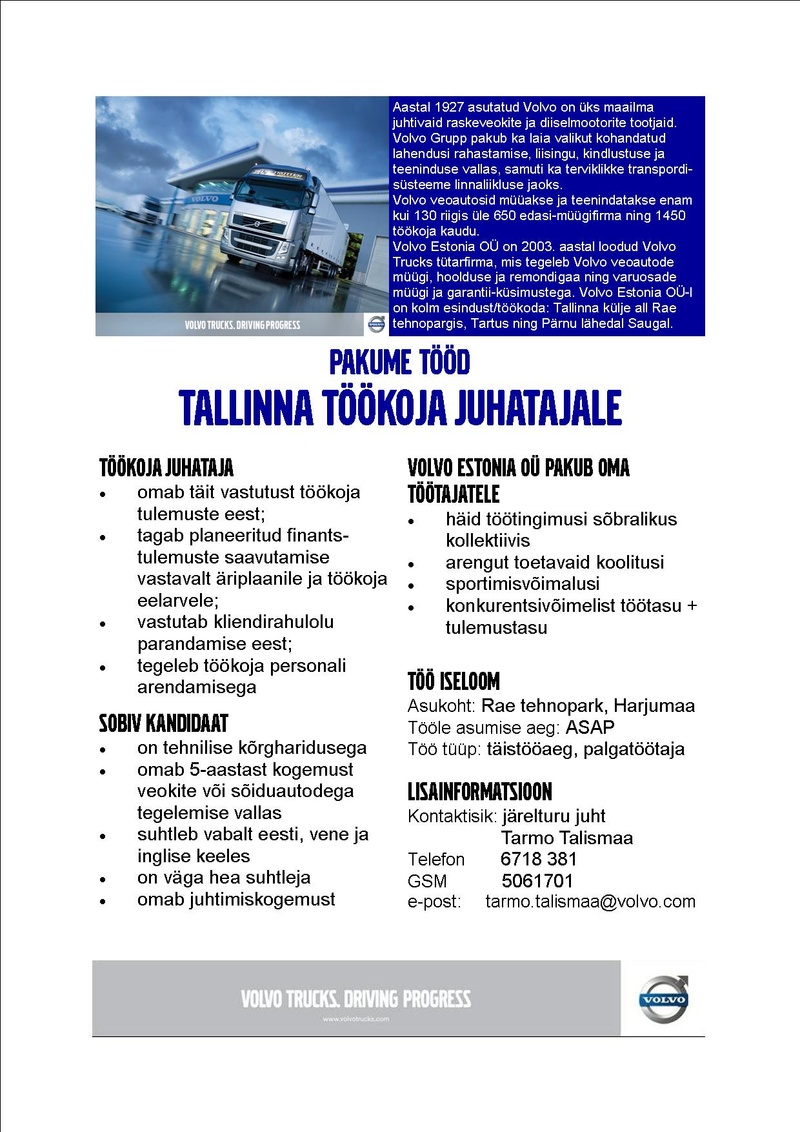 Volvo Estonia OÜ Töökoja juhataja
