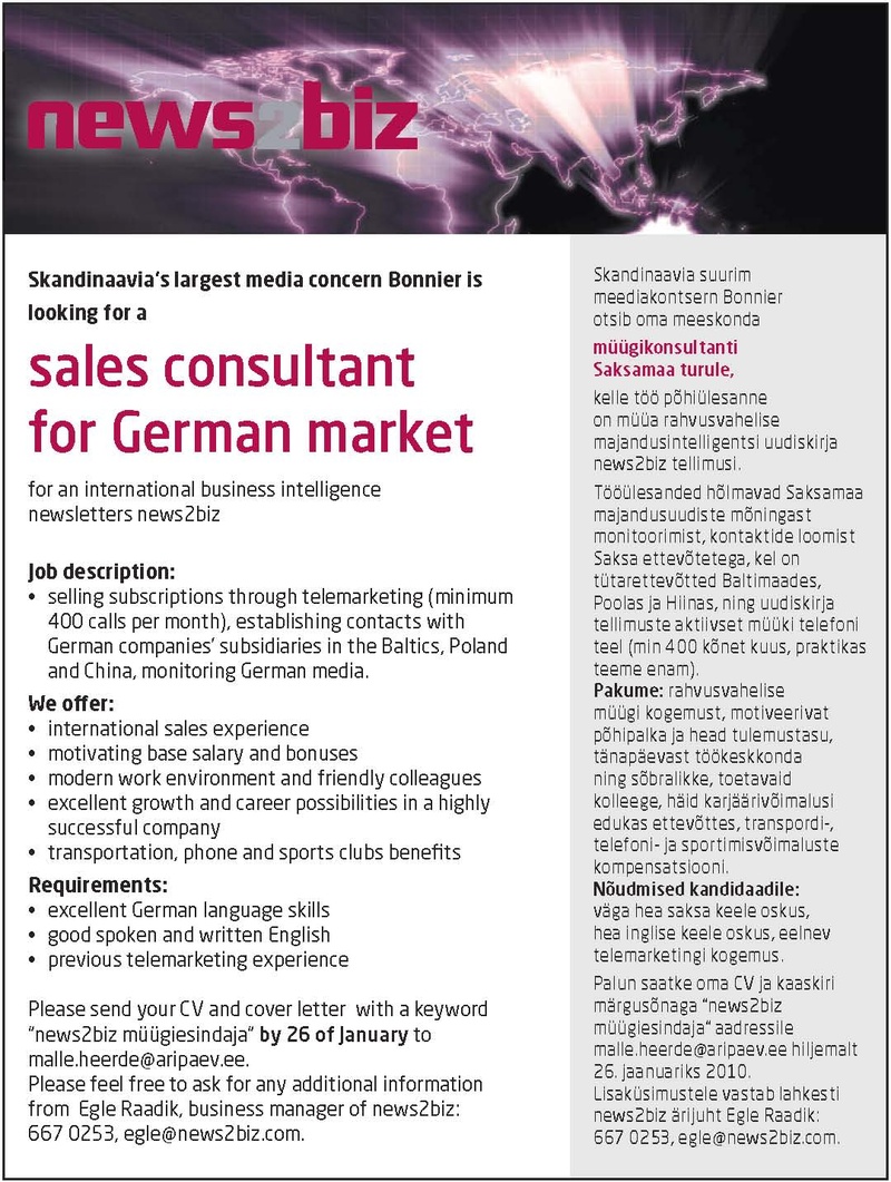 Äripäev AS Müügikonsultant Saksamaa turule