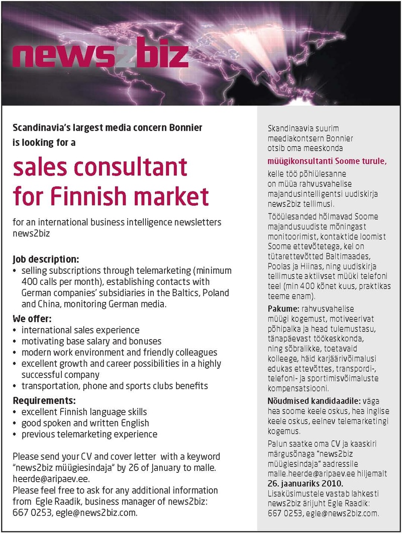 Äripäev AS Müügikonsultant Soome turul