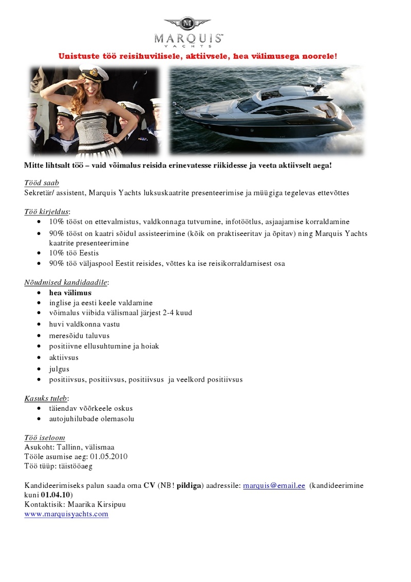 Marquis Yachts Estonia Sekretär/assistent
