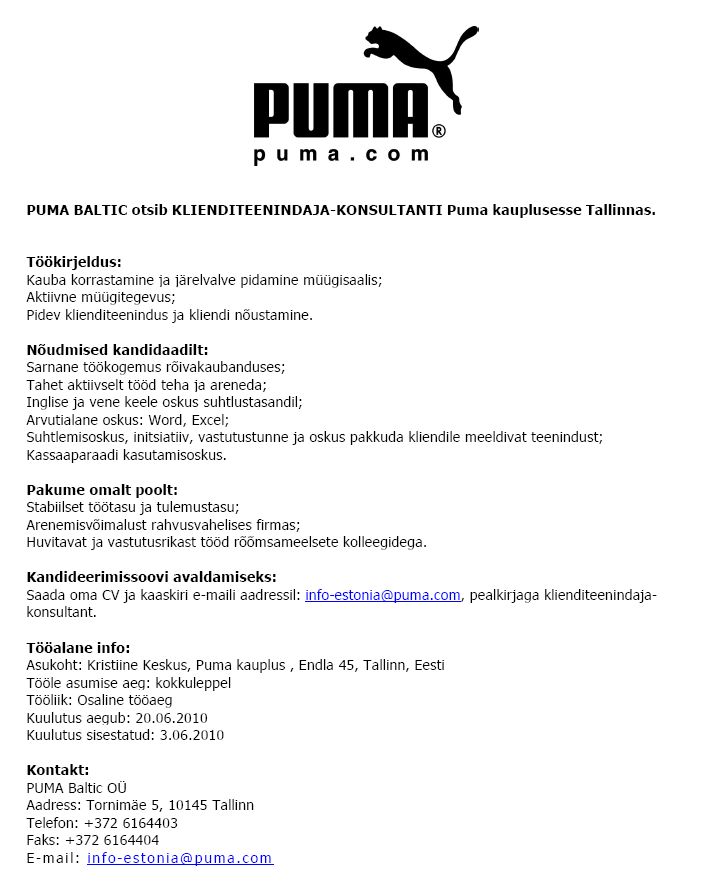 Puma Baltic OÜ KLIENDITEENINDAJA-KONSULTANT