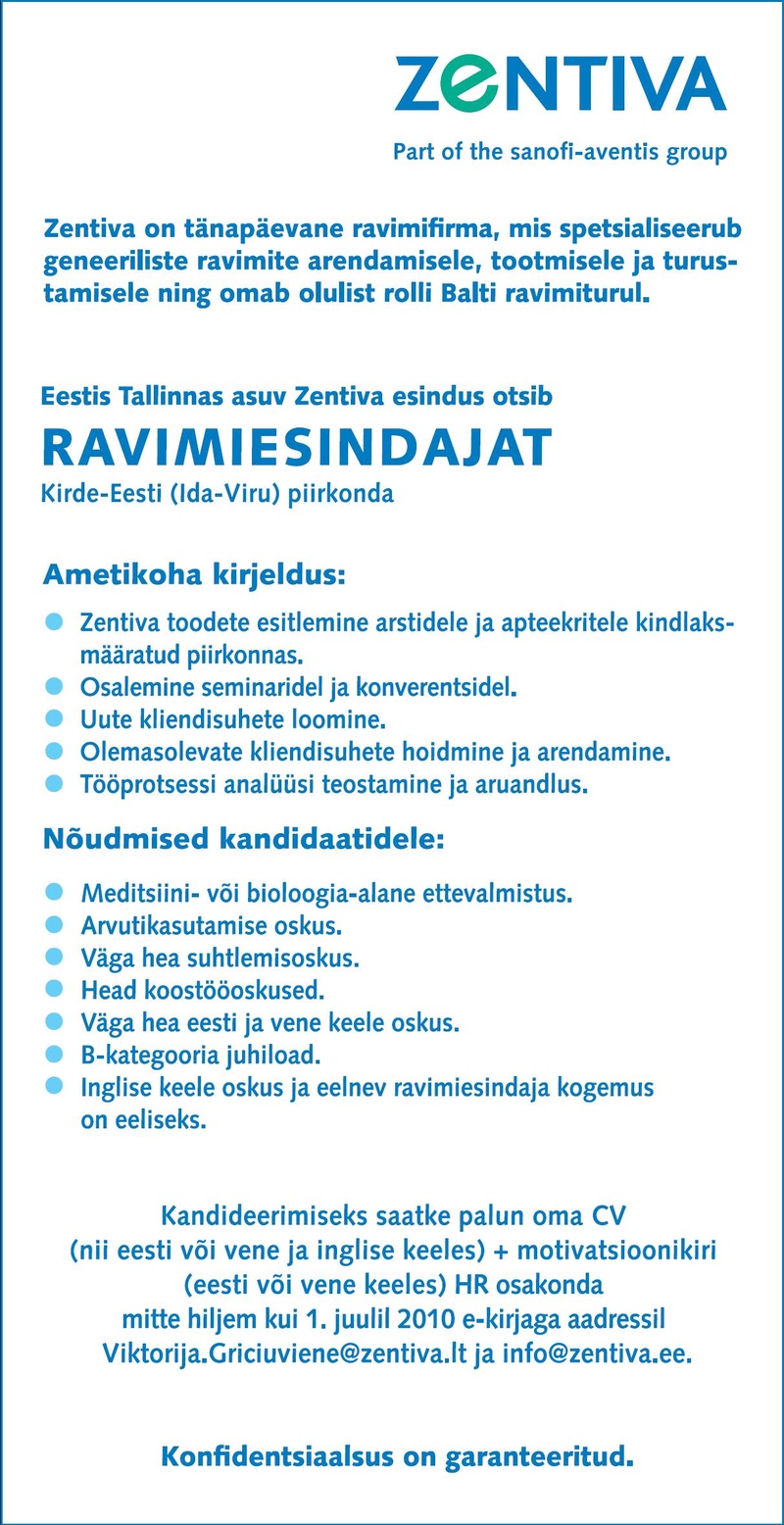 Zentiva International AS Eesti filiaal Ravimiesindaja