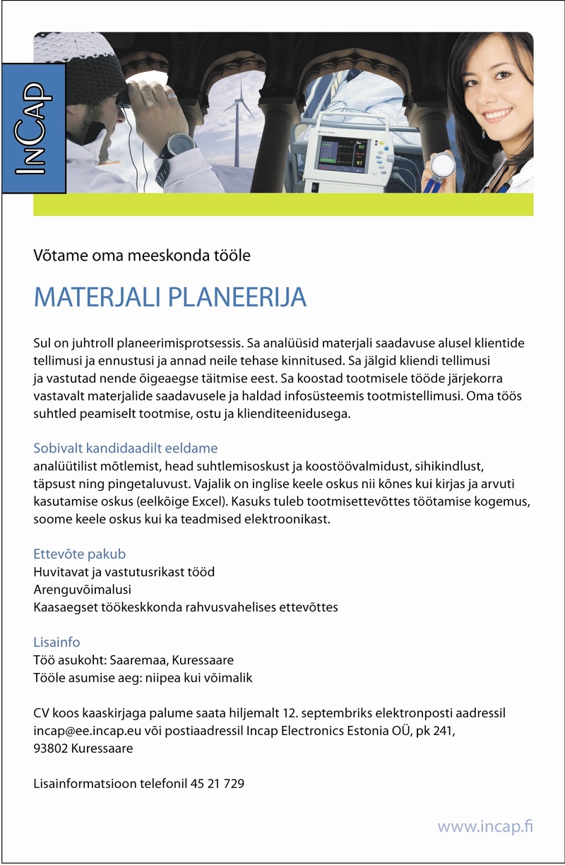 Incap Electronics Estonia OÜ Materjali planeerija (Kuressaare)