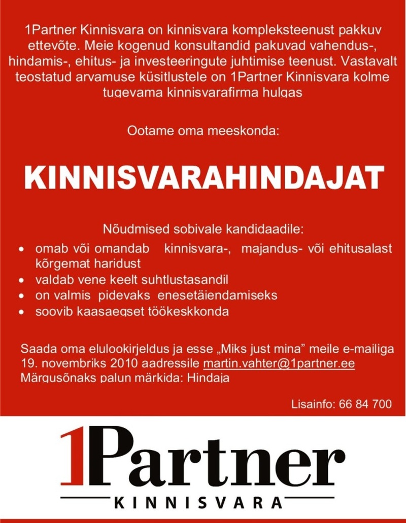 1Partner Kinnisvara Tallinn OÜ KINNISVARAHINDAJA