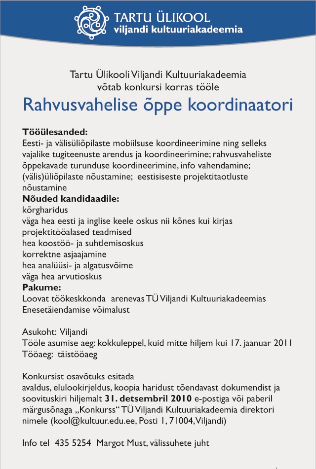 TÜ Viljandi Kultuuriakadeemia Koordinaator