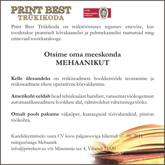 Print Best Trükikoda OÜ Mehaanik