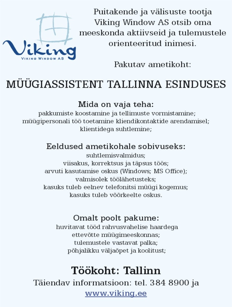 Viking Window AS Tallinna esinduse müügiassistent