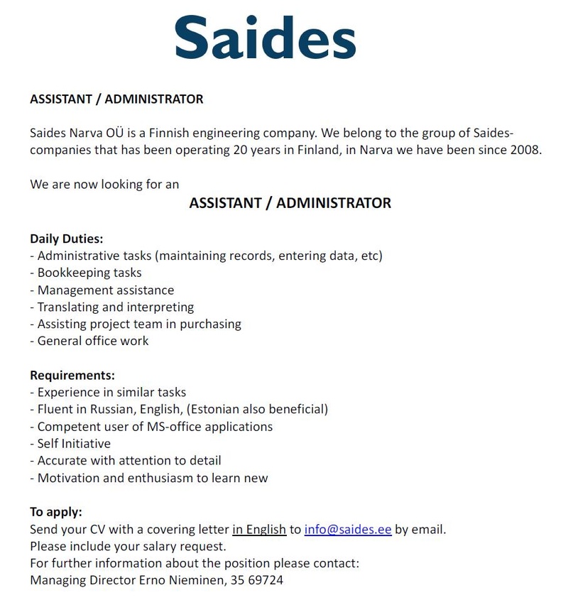 SAIDES NARVA OÜ ASSISTANT / ADMINISTRATOR