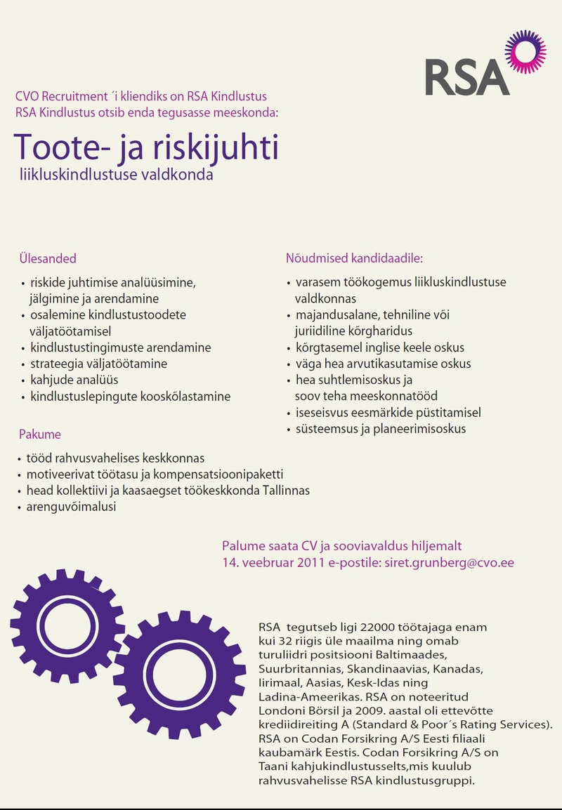 Recruitment Estonia OÜ Toote-ja riskijuht