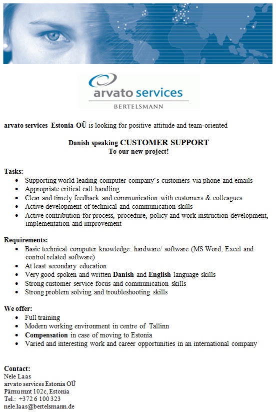 arvato services Estonia OÜ Danish speaking CUSTOMER SUPPORT