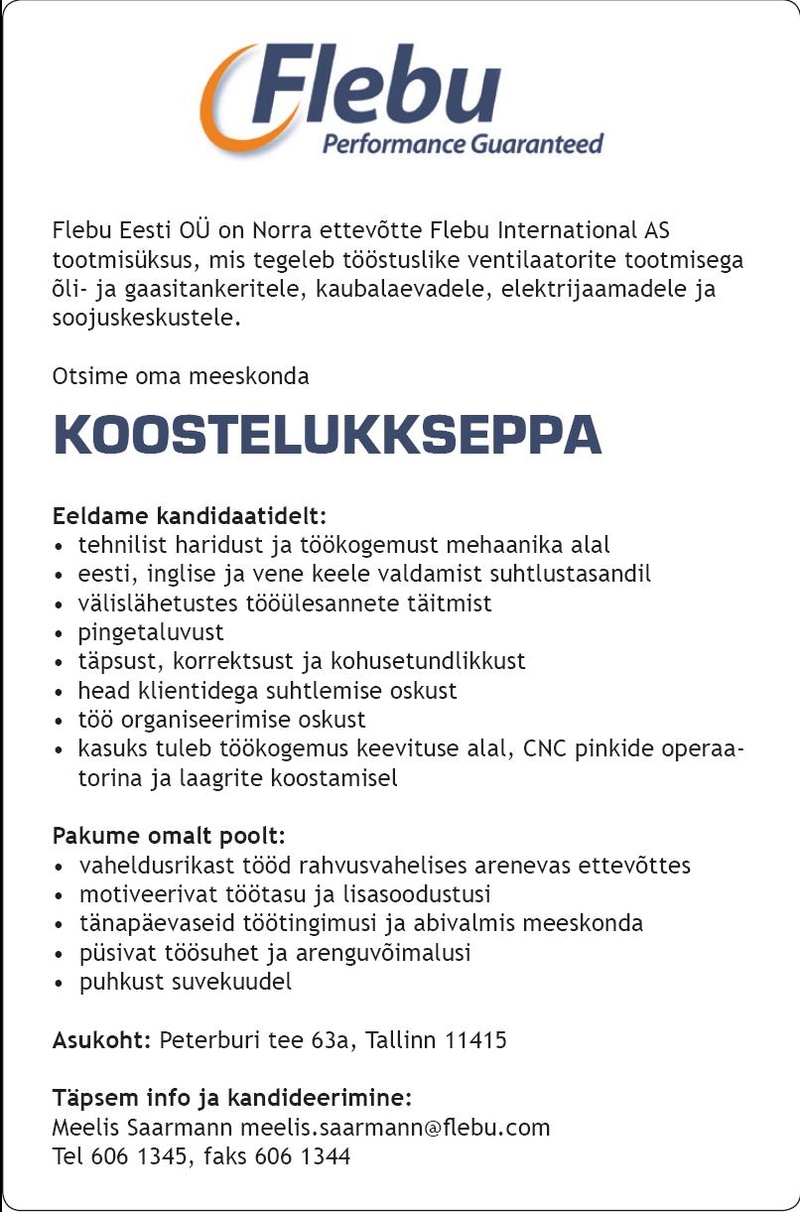 Flebu Eesti OÜ Koosteelukksepp