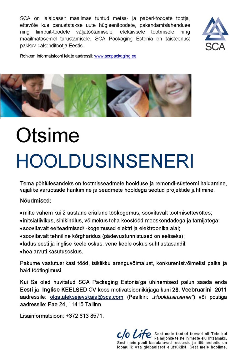 SCA Packaging Estonia AS Hooldusinsener