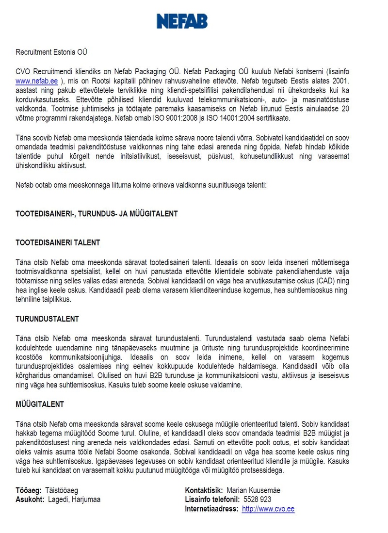 Recruitment Estonia OÜ Tootedisaineri-, turundus- ja müügitalent