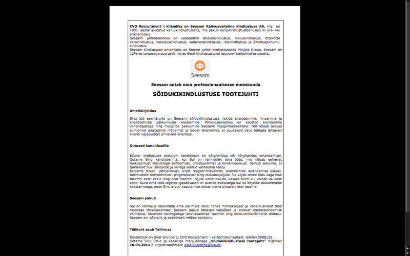 Recruitment Estonia OÜ Sõidukikindlustuse tootejuht