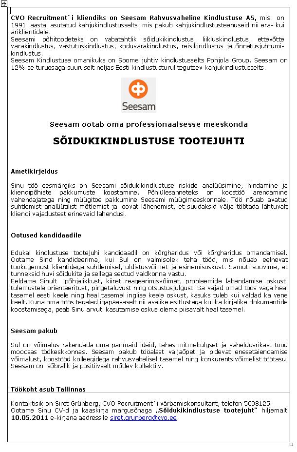 Recruitment Estonia OÜ Sõidukikindlustuse tootejuht