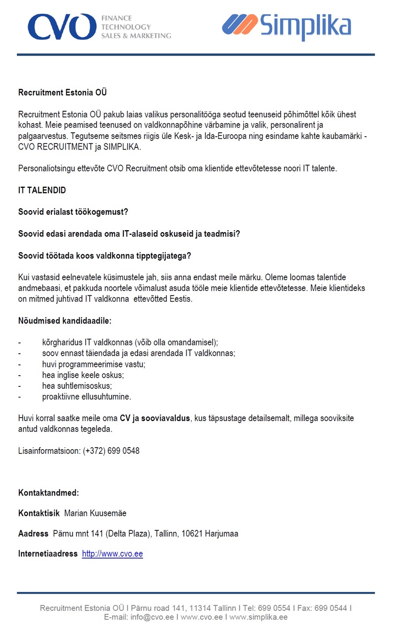 Recruitment Estonia OÜ IT talendid
