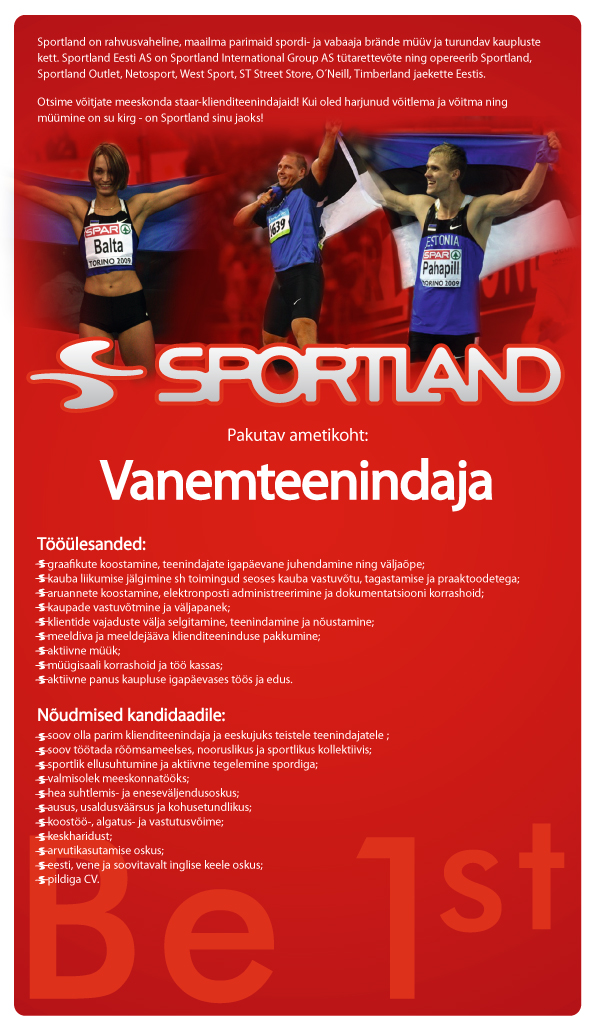 Sportland Eesti AS Tartu Sportlandi vanemteenindaja (lapsehoolduspuhkuse asendaja)
